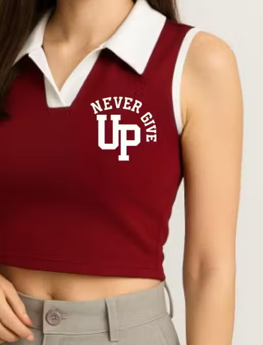 Stylish Sleeveless Maroon Crop Top with White Collar & "Never Give Up" Print - Image 3