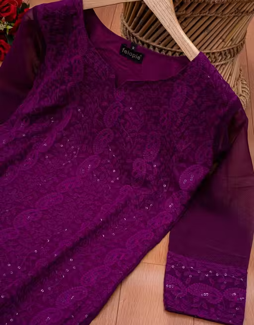 Kurti (wine kurti)/ Chikankari Embroidery Sequince Work On Kurta - Image 2