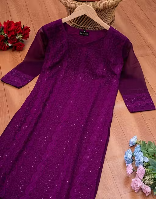Kurti (wine kurti)/ Chikankari Embroidery Sequince Work On Kurta - Image 3