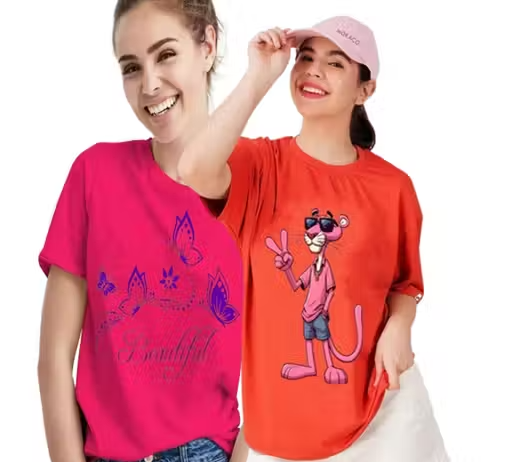 Graphic Print Women Round Neck T-Shirt (Pack of 2)