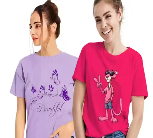 Graphic Print Women Round Neck T-Shirt (Pack of 2)