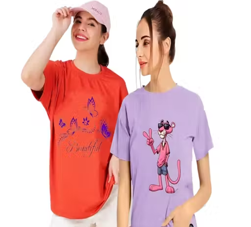 Graphic Print Women Round Neck T-Shirt (Pack of 2)