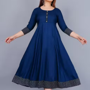 Trendy Women's Solid Printed Round Flared Kurti (Navy Blue)