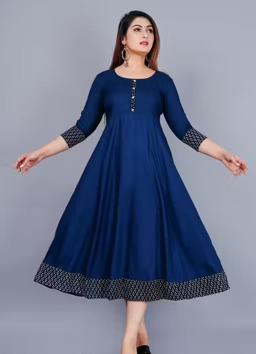 Trendy Women's Solid Printed Round Flared Kurti (Navy Blue)
