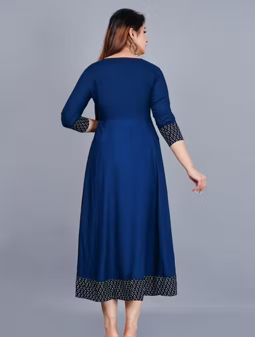 Trendy Women's Solid Printed Round Flared Kurti (Navy Blue) - Image 2