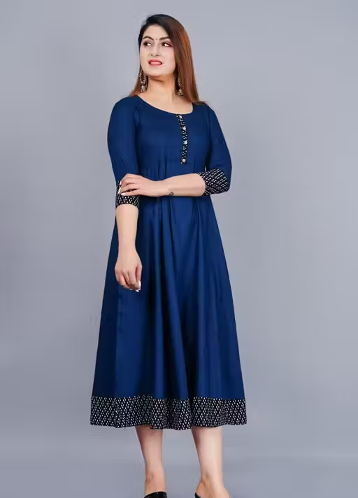 Trendy Women's Solid Printed Round Flared Kurti (Navy Blue) - Image 4