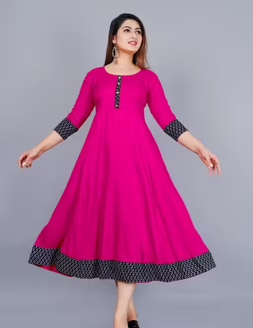 Trendy Women's Solid Printed Round Flared Kurti (Pink)