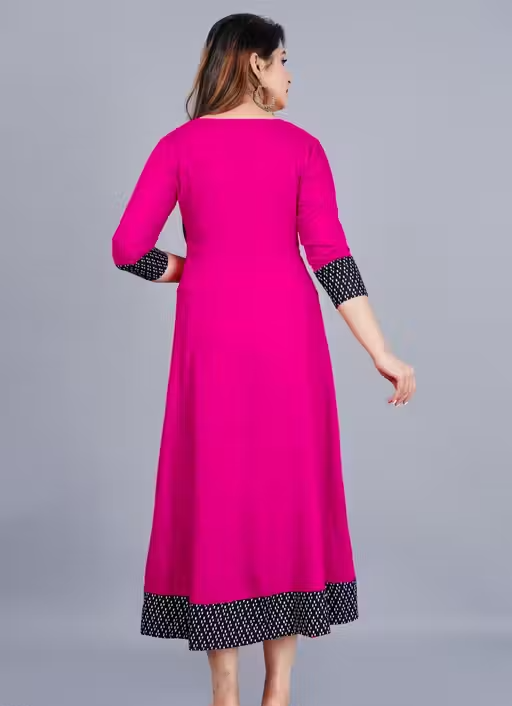 Trendy Women's Solid Printed Round Flared Kurti (Pink) - Image 2