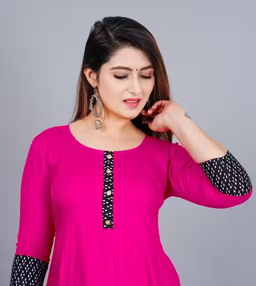 Trendy Women's Solid Printed Round Flared Kurti (Pink) - Image 3