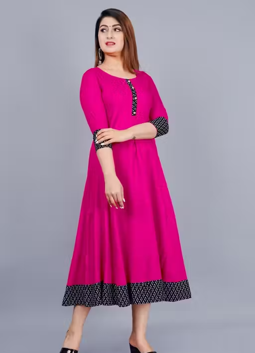 Trendy Women's Solid Printed Round Flared Kurti (Pink) - Image 4