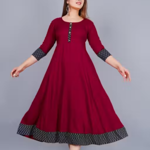 Trendy Women's Solid Printed Round Flared Kurti (Maroon)