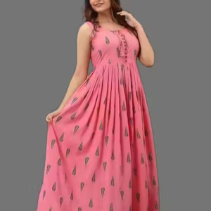 Rayon printed Fit and Flared Sleeveless Midi Kurti cum Gown