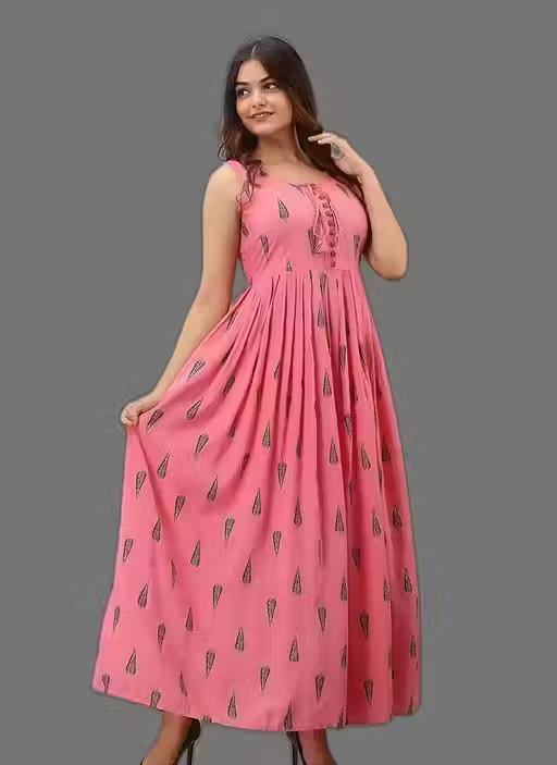 Rayon printed Fit and Flared Sleeveless Midi Kurti cum Gown