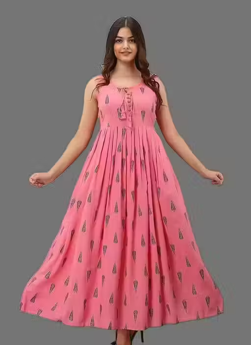 Rayon printed Fit and Flared Sleeveless Midi Kurti cum Gown - Image 2