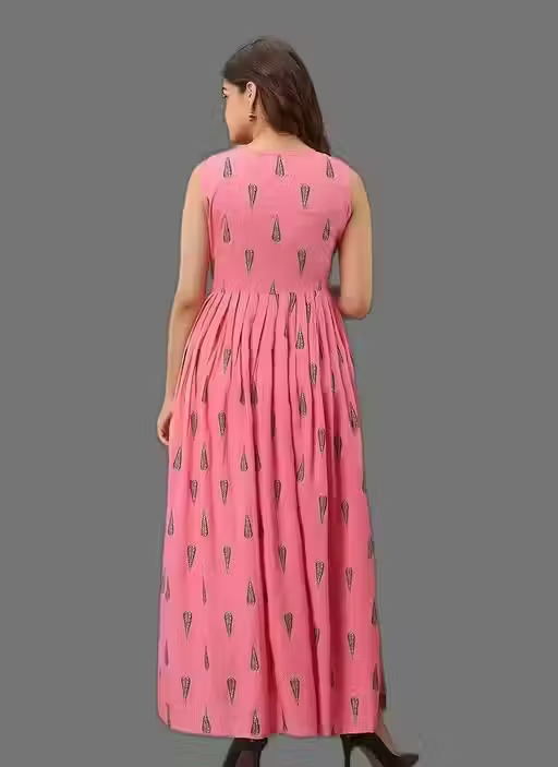 Rayon printed Fit and Flared Sleeveless Midi Kurti cum Gown - Image 3