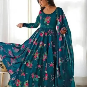 Women's Blue Printed Fit & Flare Maxi Dress
