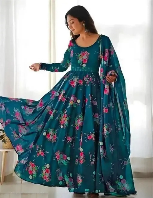 Women's Blue Printed Fit & Flare Maxi Dress