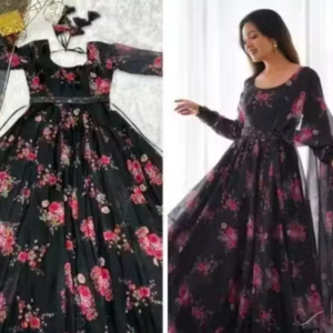 Flower Print Long Gown With Dupatta (No Bottomwear)