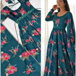 Flower Print Long Gown With Dupatta (No Bottomwear)