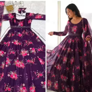 Flower Print Long Gown With Dupatta (No Bottomwear)