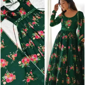 Flower Print Long Gown With Dupatta (No Bottomwear)