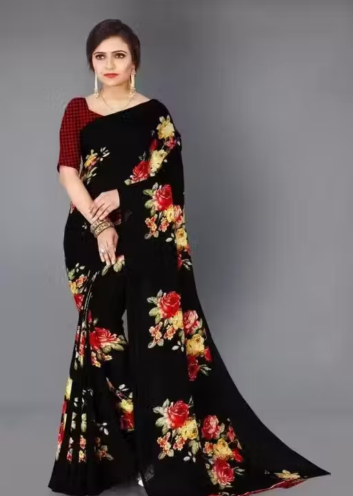 Women's Desinger Georgette Floral Printed Saree with Blouse Piece