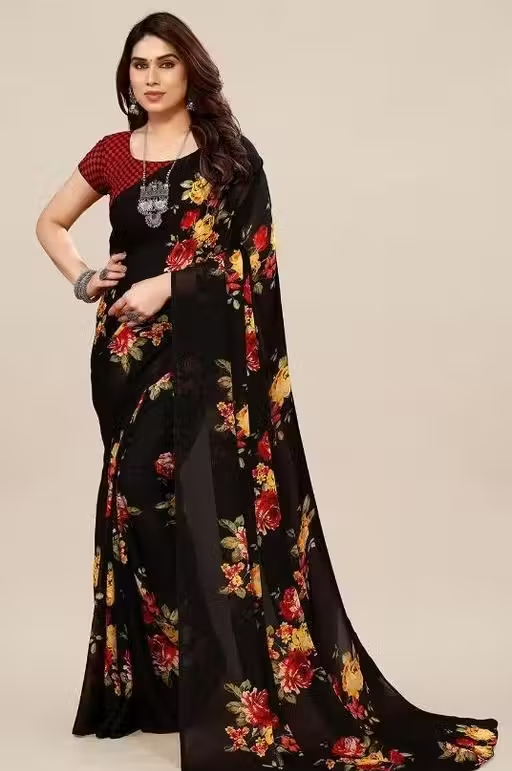 Women's Desinger Georgette Floral Printed Saree with Blouse Piece - Image 4