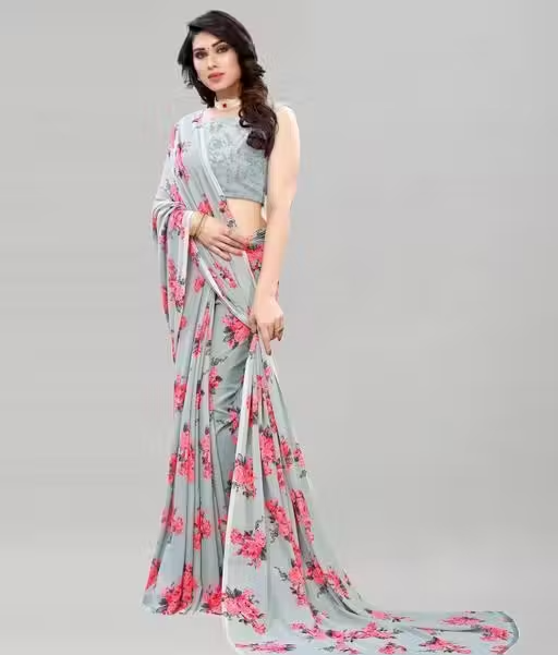 Women's Desinger Georgette Floral Printed Saree with Blouse Piece - Image 2