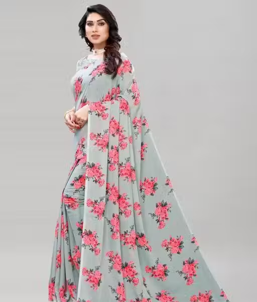 Women's Desinger Georgette Floral Printed Saree with Blouse Piece - Image 4
