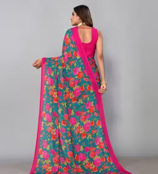 Women's Desinger Georgette Floral Printed Saree with Blouse Piece - Image 4