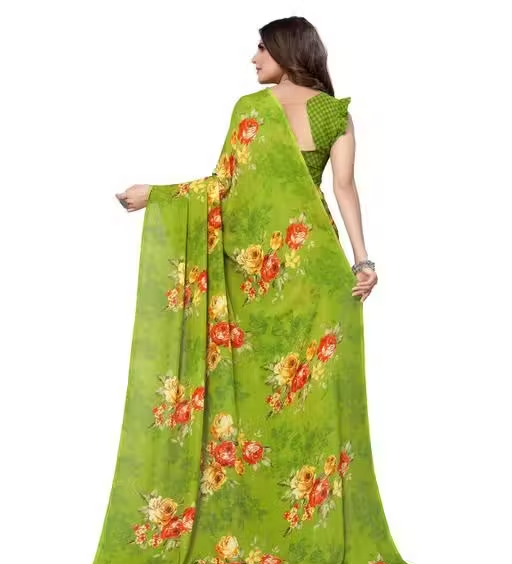 Women's Desinger Georgette Floral Printed Saree with Blouse Piece - Image 4