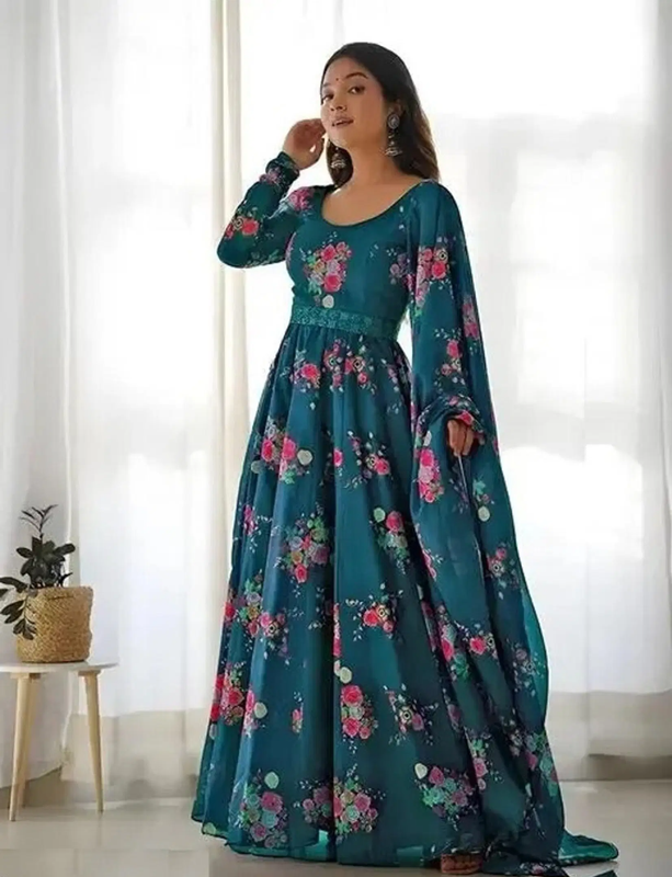 Women's Blue Printed Fit & Flare Maxi Dress - Image 3