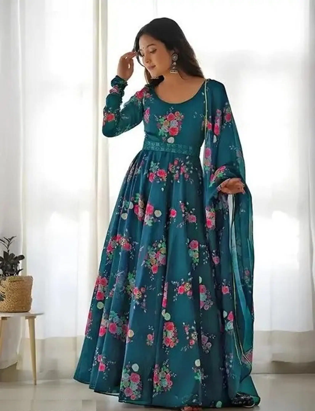 Women's Blue Printed Fit & Flare Maxi Dress - Image 4