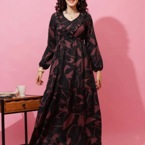 Women's Brown V-Neck Crepe Maxi Dress
