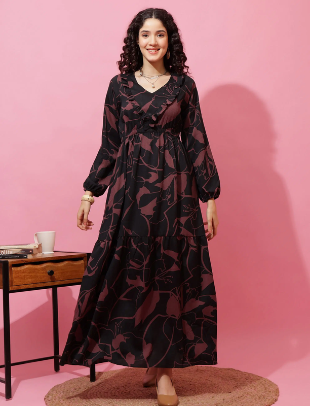 Women's Brown V-Neck Crepe Maxi Dress