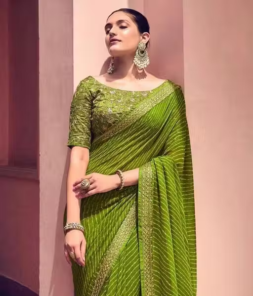 Bandhani Printed saree with Banarasi Lace Border and with unstitched blouse piece New Arrival Latest Georgette Printed Saree Fancy Women's Designer Saree Trending Saree Bollywood Saree daily use saree, fancy saree, naye design of saree nai design of saree