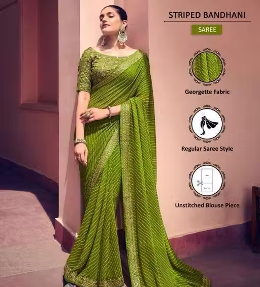 Bandhani Printed saree with Banarasi Lace Border and with unstitched blouse piece New Arrival Latest Georgette Printed Saree Fancy Women's Designer Saree Trending Saree Bollywood Saree daily use saree, fancy saree, naye design of saree nai design of saree - Image 2