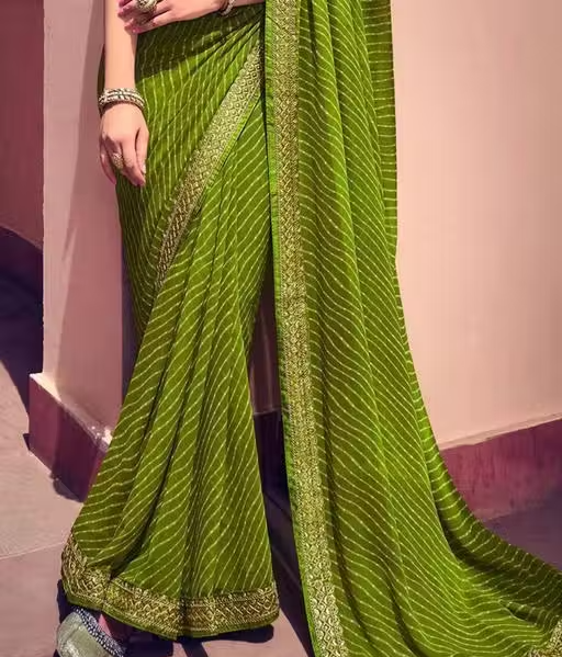 Bandhani Printed saree with Banarasi Lace Border and with unstitched blouse piece New Arrival Latest Georgette Printed Saree Fancy Women's Designer Saree Trending Saree Bollywood Saree daily use saree, fancy saree, naye design of saree nai design of saree - Image 4