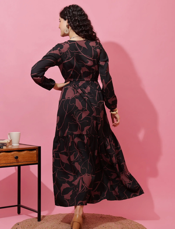 Women's Brown V-Neck Crepe Maxi Dress - Image 2