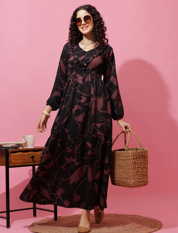 Women's Brown V-Neck Crepe Maxi Dress - Image 3
