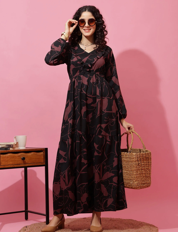 Women's Brown V-Neck Crepe Maxi Dress - Image 4