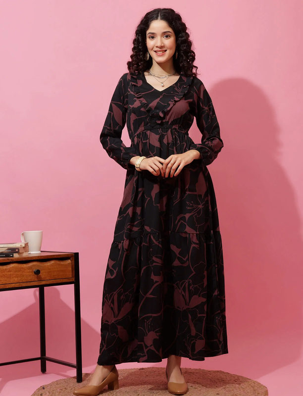 Women's Brown V-Neck Crepe Maxi Dress - Image 5