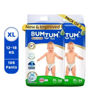 Bumtum Baby Diaper Pants with Double Leakage Protection - 12 to 17 Kg (108 Count, X-Large Pack of 2)