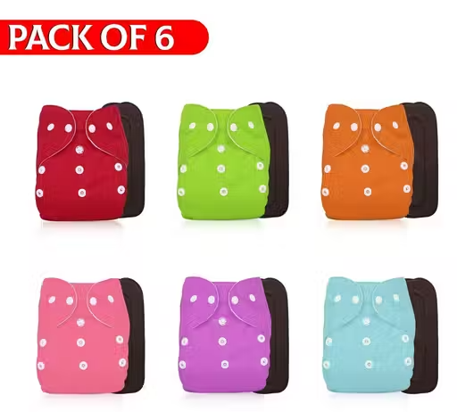 Baby Washable, Reusable Pocket 6 Cloth Diapers Nappies with 6 Wet-Free 5 layer Black Inserts, Multicolor