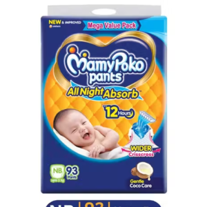 MamyPoko Pants All Night Absorb Baby Diapers with Gentle Coco Care | New Born (NB) | 93 Count - (Upto 5 kg)