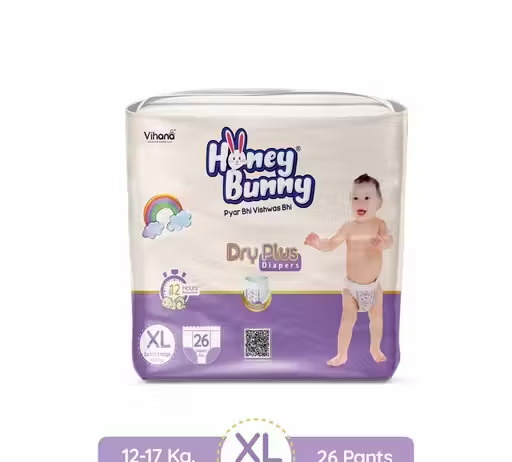 Honey Bunny Everyday Baby Pants Diapers with Wetness Indicator, Silky Soft - Bubble sheet, Extra Large -(12-17 kgs) Pack of 26 pcs