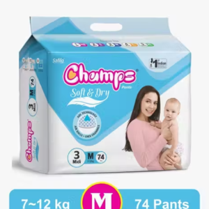 Champs Soft & Dry Pant‑Style Baby Diapers | Medium (7–12 kg) | Up to 12‑Hour Leak‑Proof | Pull‑up diapers | Ultra‑Soft | Unisex Diaper – 74 pcs