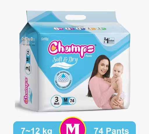 Champs Soft & Dry Pant‑Style Baby Diapers | Medium (7–12 kg) | Up to 12‑Hour Leak‑Proof | Pull‑up diapers | Ultra‑Soft | Unisex Diaper – 74 pcs