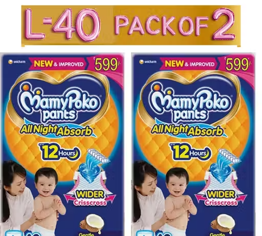 MamyPoko Pants All Night Absorb Diapers, Large size ( pack of 80 ),(L-40),Pack of 2