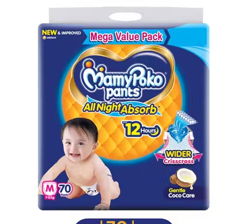 MamyPoko Pants All Night Absorb Baby Diapers with Gentle Coco Care | Medium (M) | 70 Count - (7-12 kg)